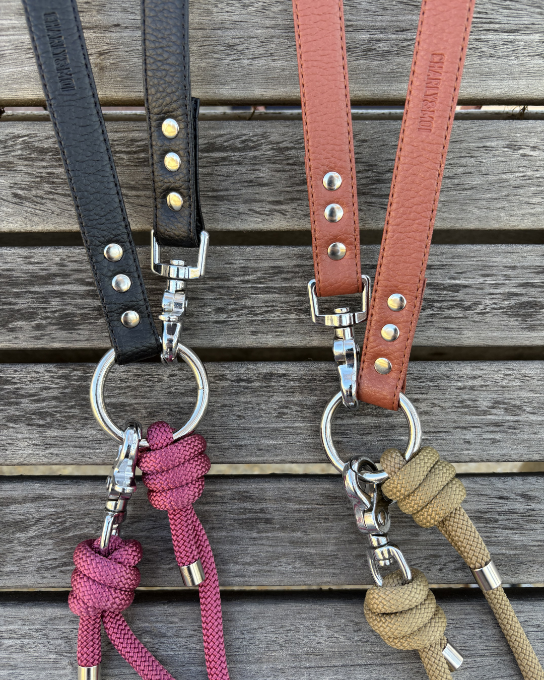 Laisse pour chien en cuir végan et corde couleurs noir et bordeaux