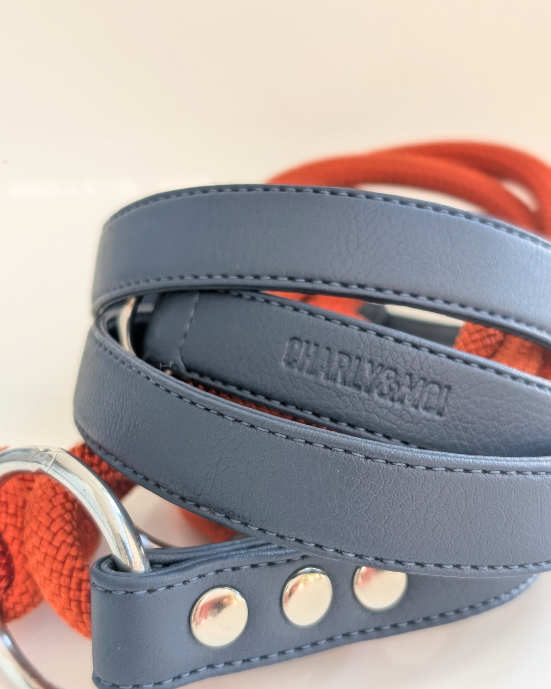 Laisse pour chien en cuir végan bleu marine et corde paprika