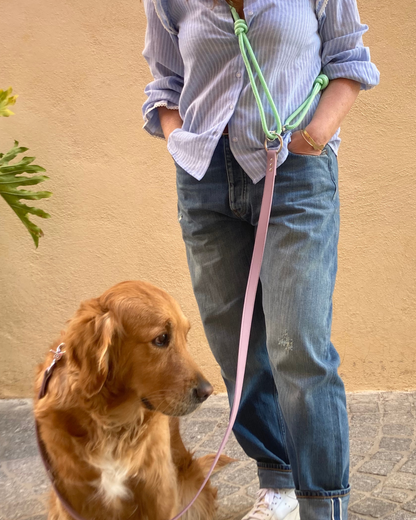 Laisse pour chien mains libres en cuir végan de pommes et corde, corde vert menthe, utilisable en bandoulière, autour de la taille ou en laisse classique