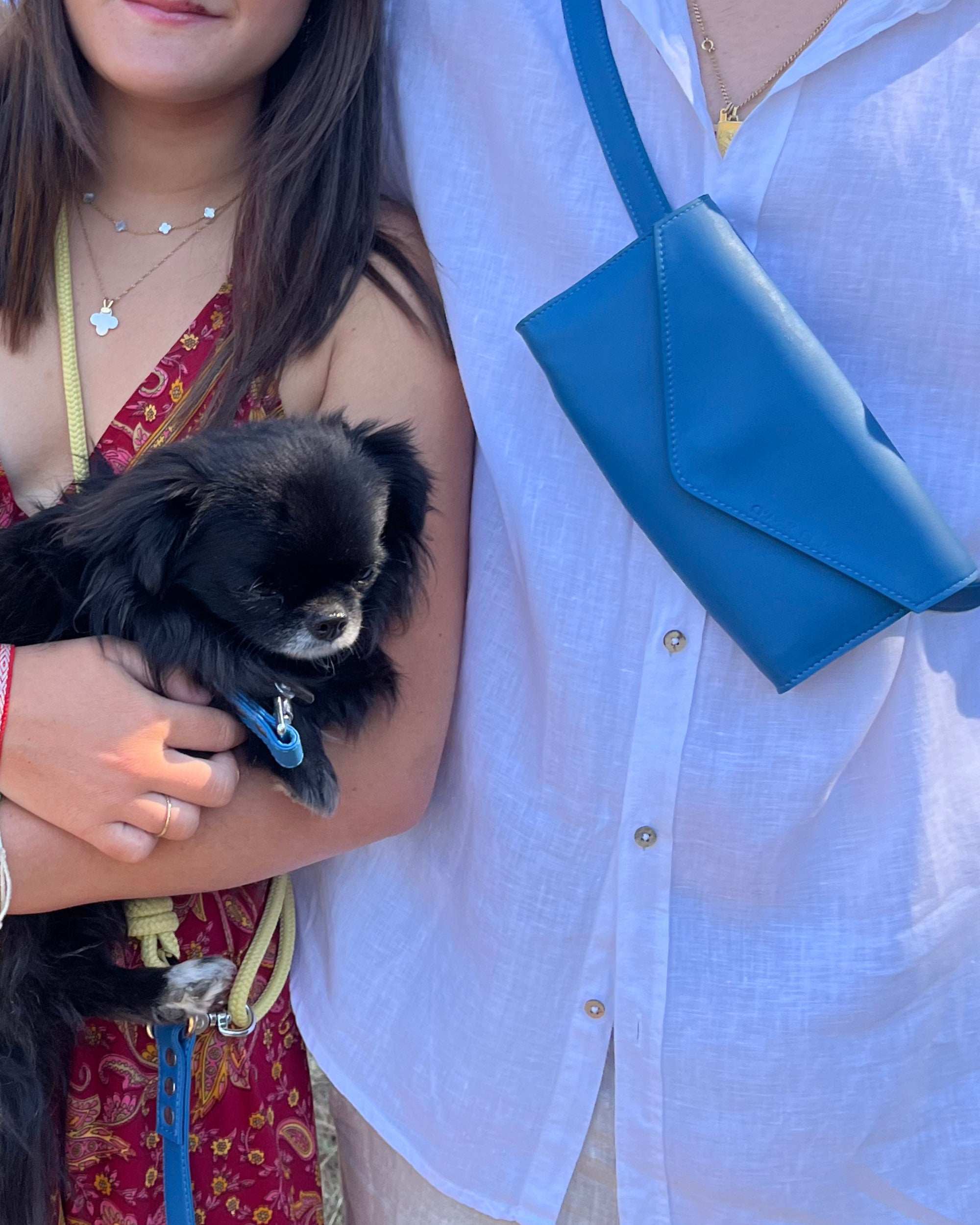 Sacs bandoulière ou ceinture en cuir vegan de pommes, avec séparation pour sac à crottes, bleu, assortis à la laisse et au collier pour chien